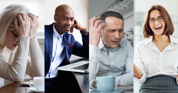 Four different employees with different emotions on their faces at work